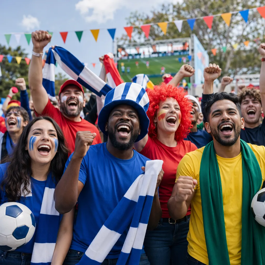 Wide shot of a diverse group of football fans cheering in an outdoor fan zone, h