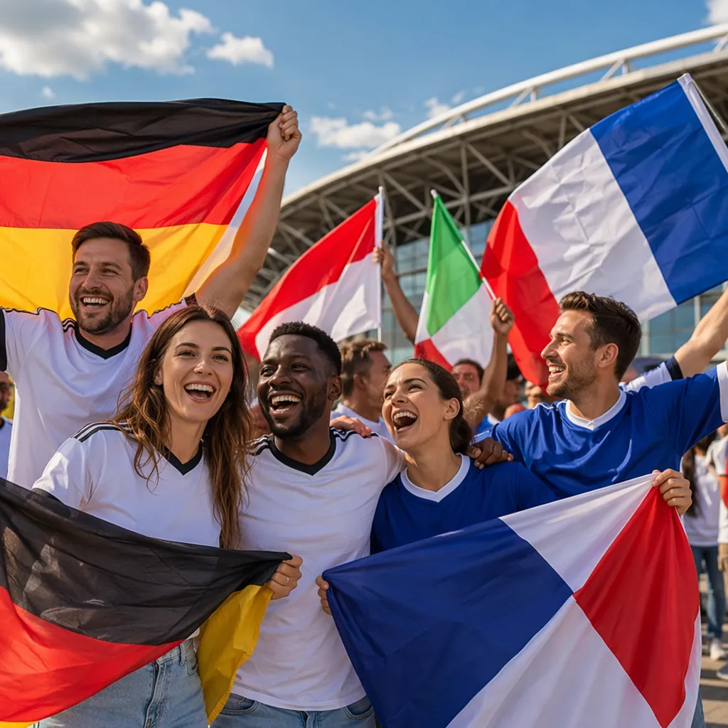 Group of cheerful football fans wearing neutral colored jerseys, holding plain n