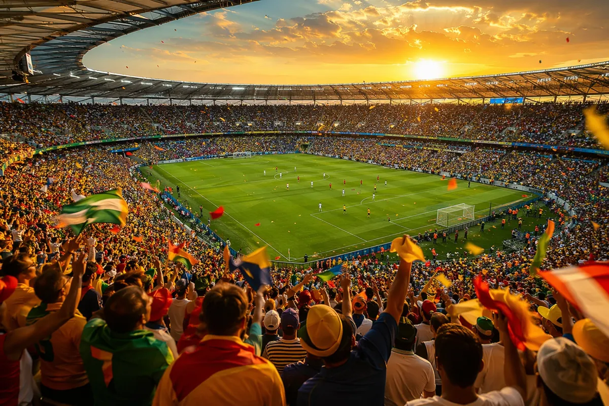 Wide shot of a modern soccer stadium at golden hour, packed with cheering fans in colorful