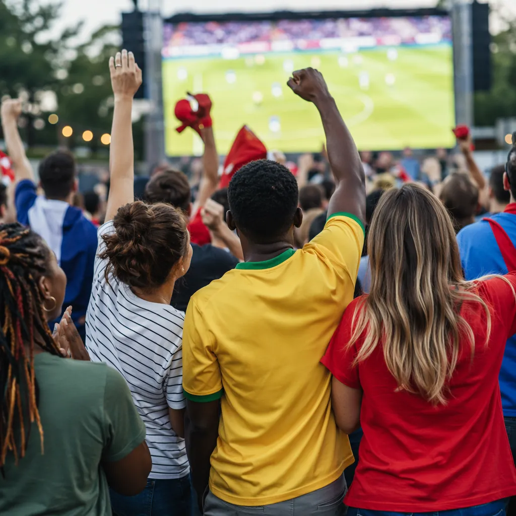 Group of diverse fans watching a soccer match on a large outdoor screen, cheerin