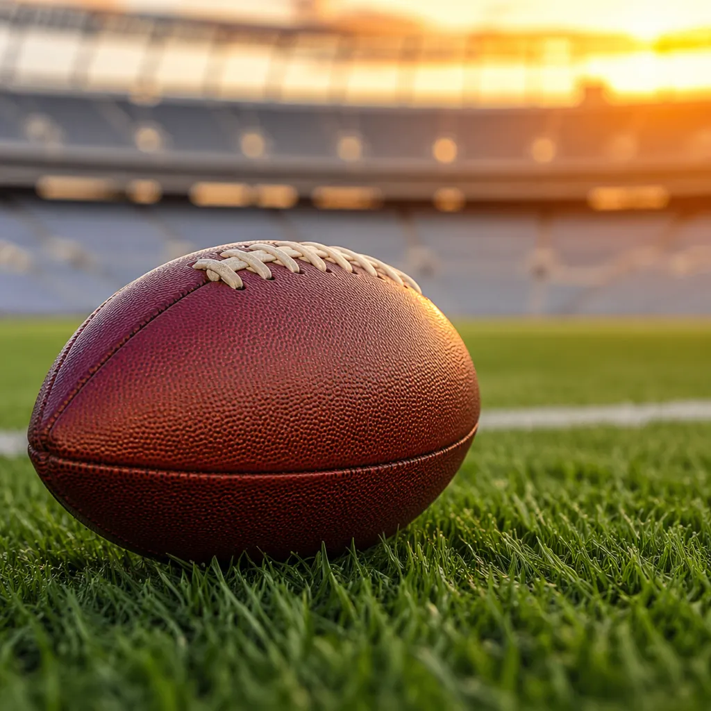 Close up shot of a football on a pristine green pitch, with blurred stadium stan