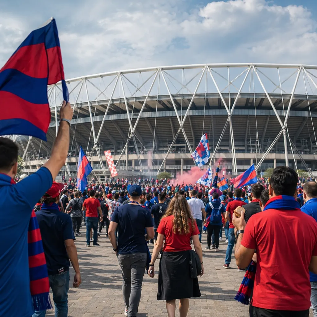 Wide shot of football fans gathering outside a modern stadium, wearing team colo