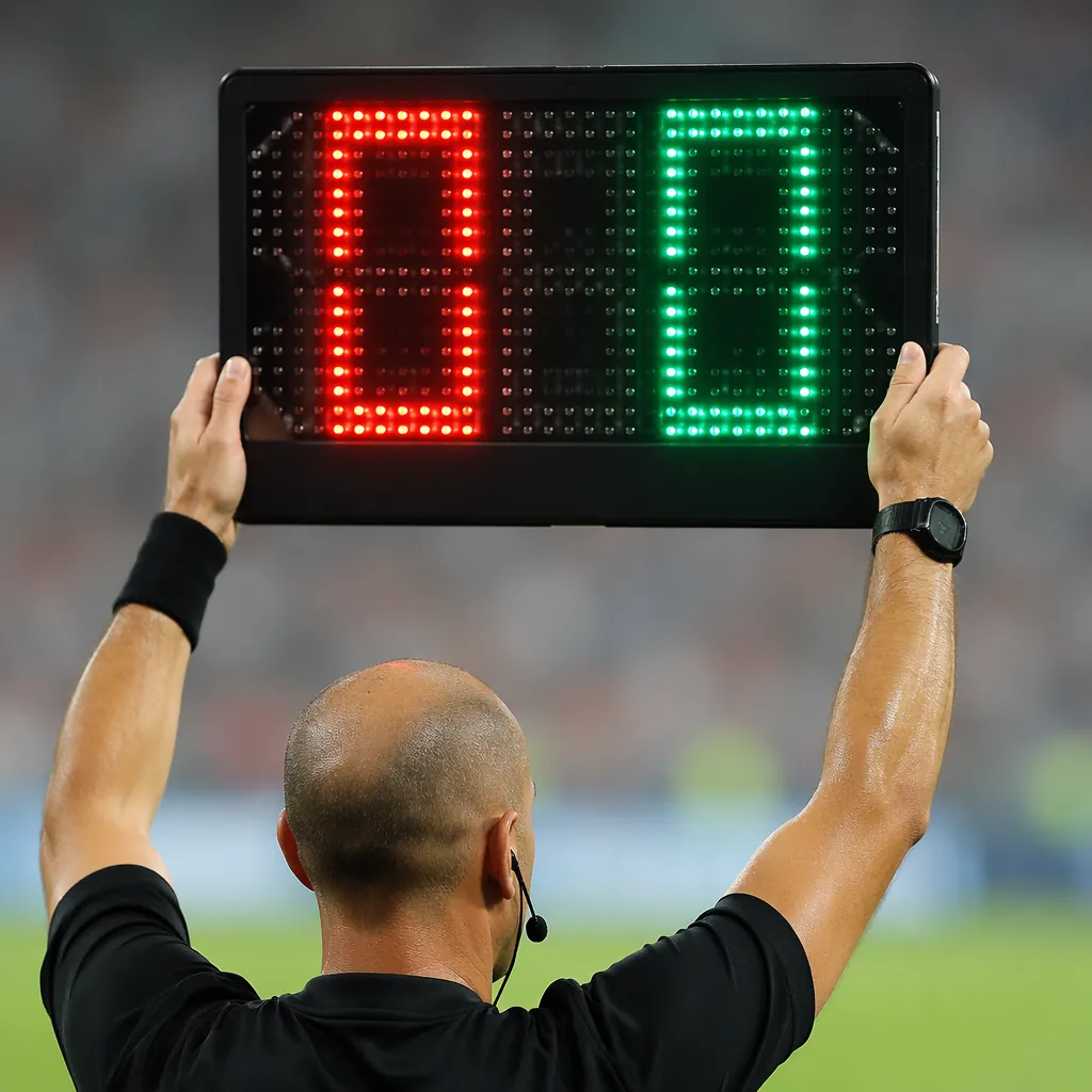 Close up shot of a soccer referee holding up a substitution board during a match