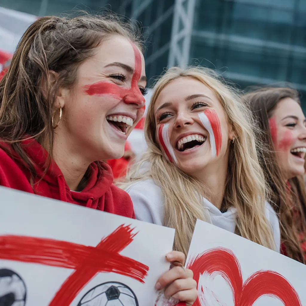 Close up candid shot of female football fans laughing and holding custom fan sig