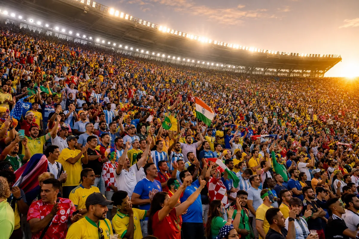 Wide shot of a packed world cup final stadium grandstand during golden hour, diverse fans