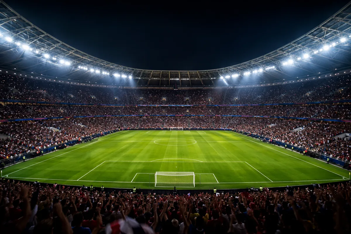 Wide shot of a modern World Cup final stadium at night, empty green football pitch, bright