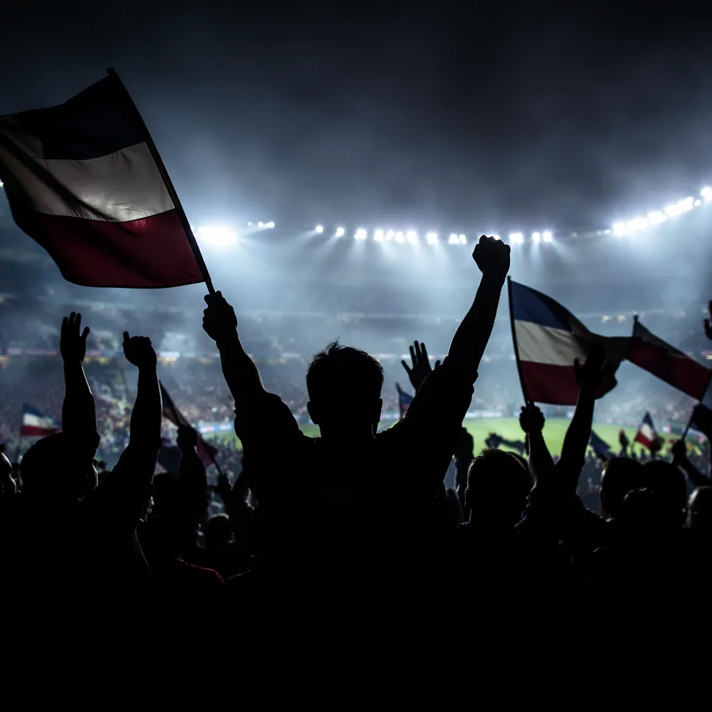 Silhouette of a group of football fans cheering with raised arms, holding generi