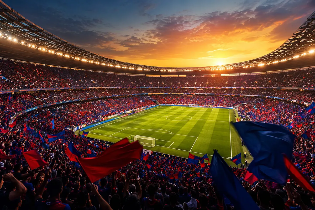 Wide shot of a packed modern football stadium at dusk, golden light falling on the green p