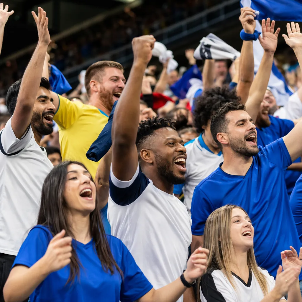 Candid shot of diverse football fans cheering in stadium stands, wearing generic