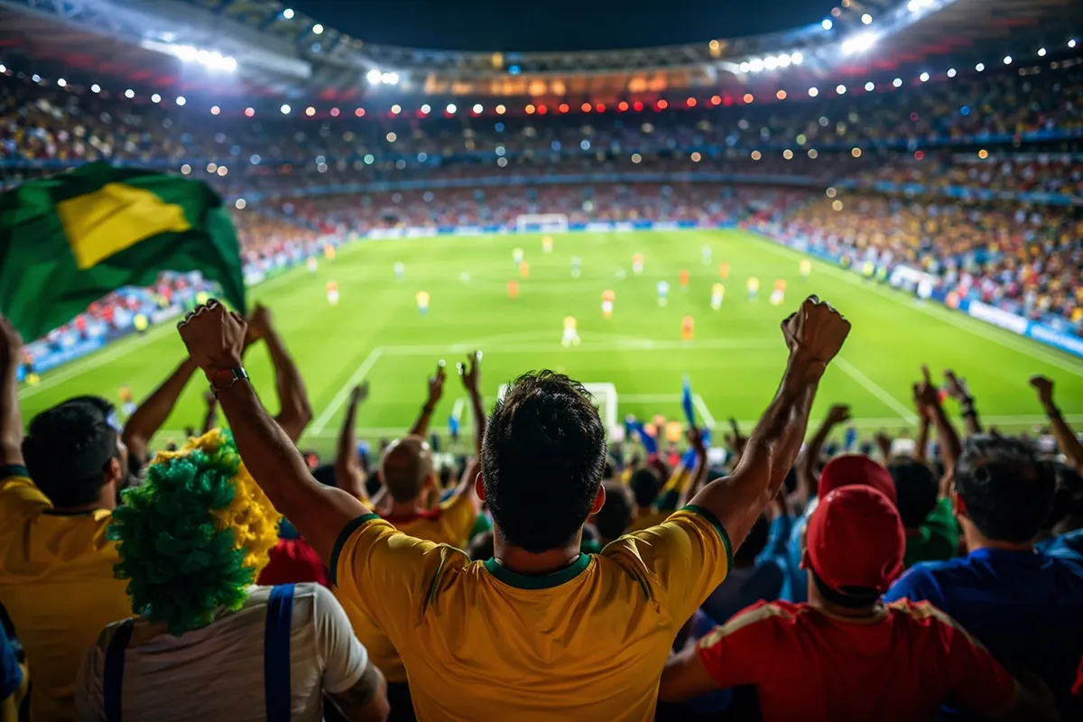 Wide shot of vibrant World Cup viewing atmosphere, blurred football players in generic tea