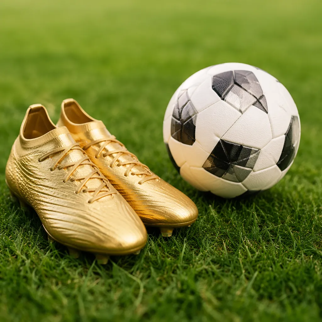 Close up of golden football boots and a match ball placed on well-maintained gre