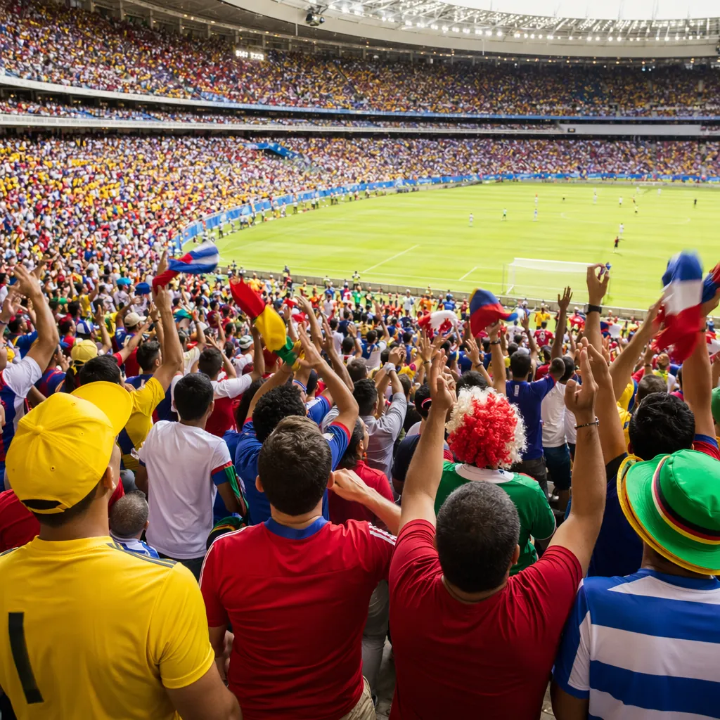 Wide shot of packed World Cup stadium stands with cheering fans wearing colorful