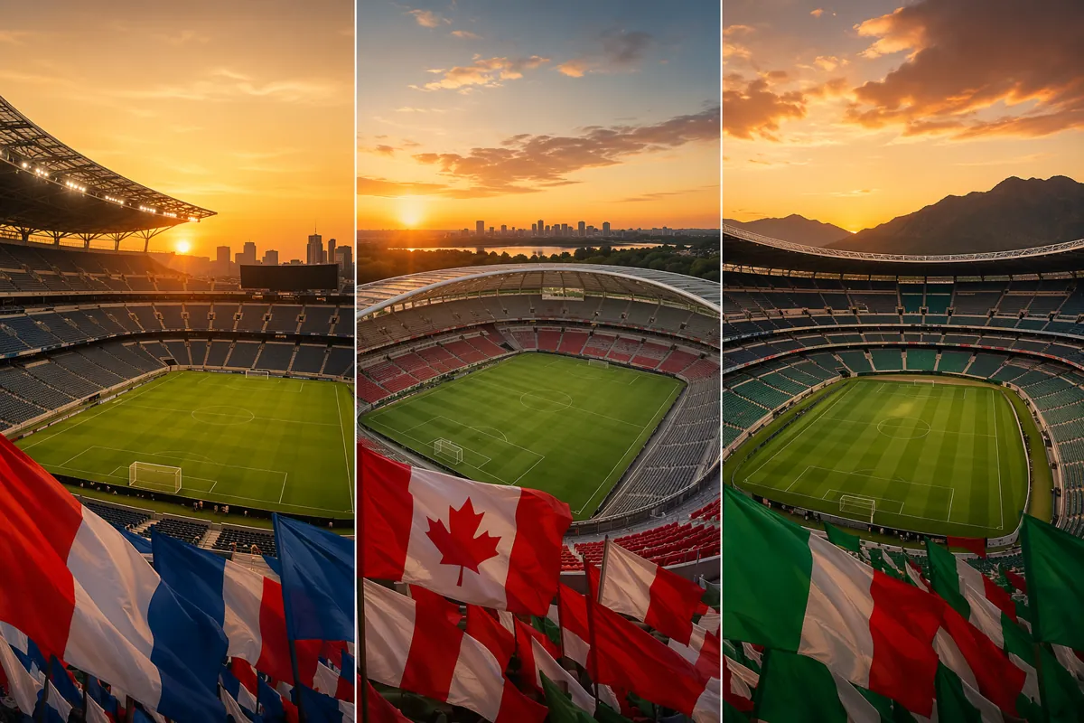 Wide shot of three distinct empty football stadiums representing USA, Canada, Mexico at go