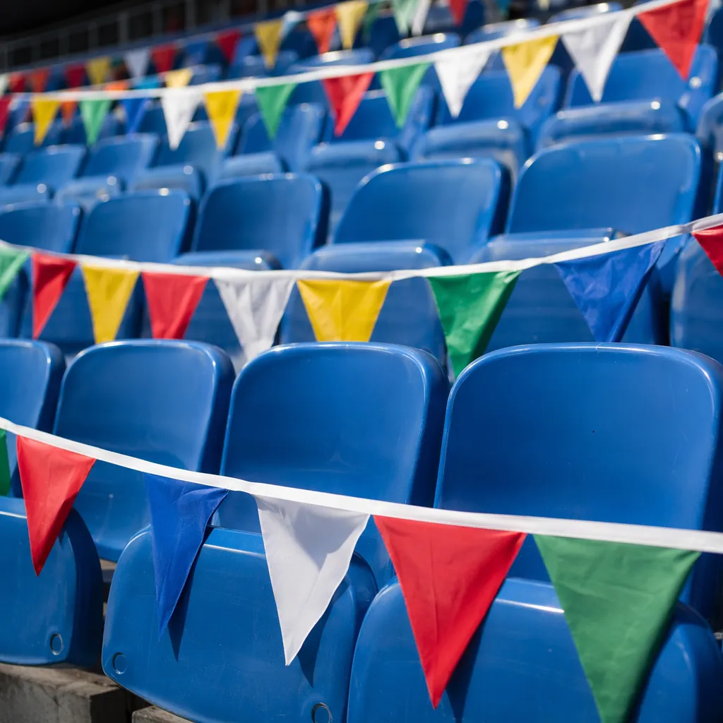 Close up of empty football stadium seats decorated with generic world cup themed