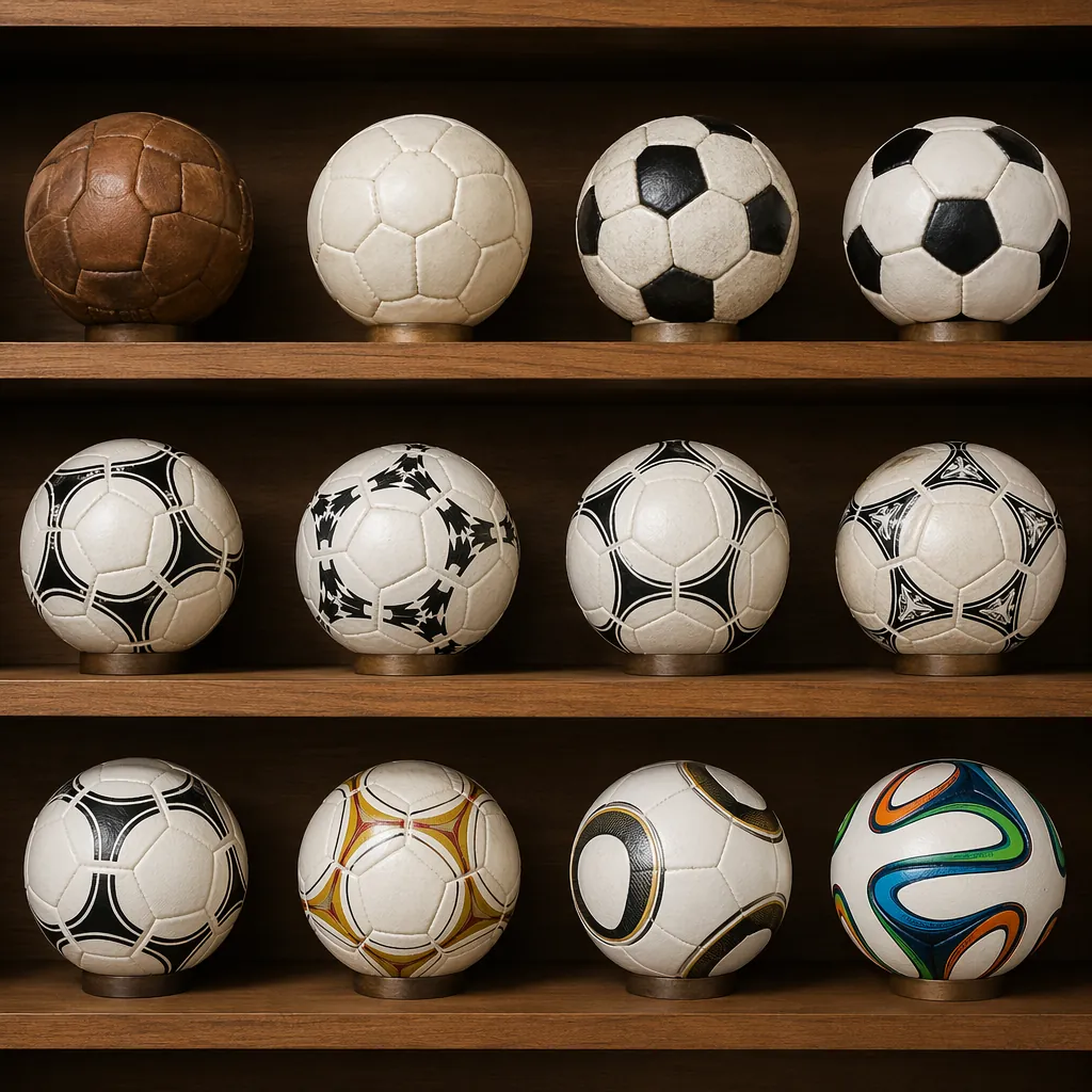 Display of multiple generic unbranded soccer balls representing historical World