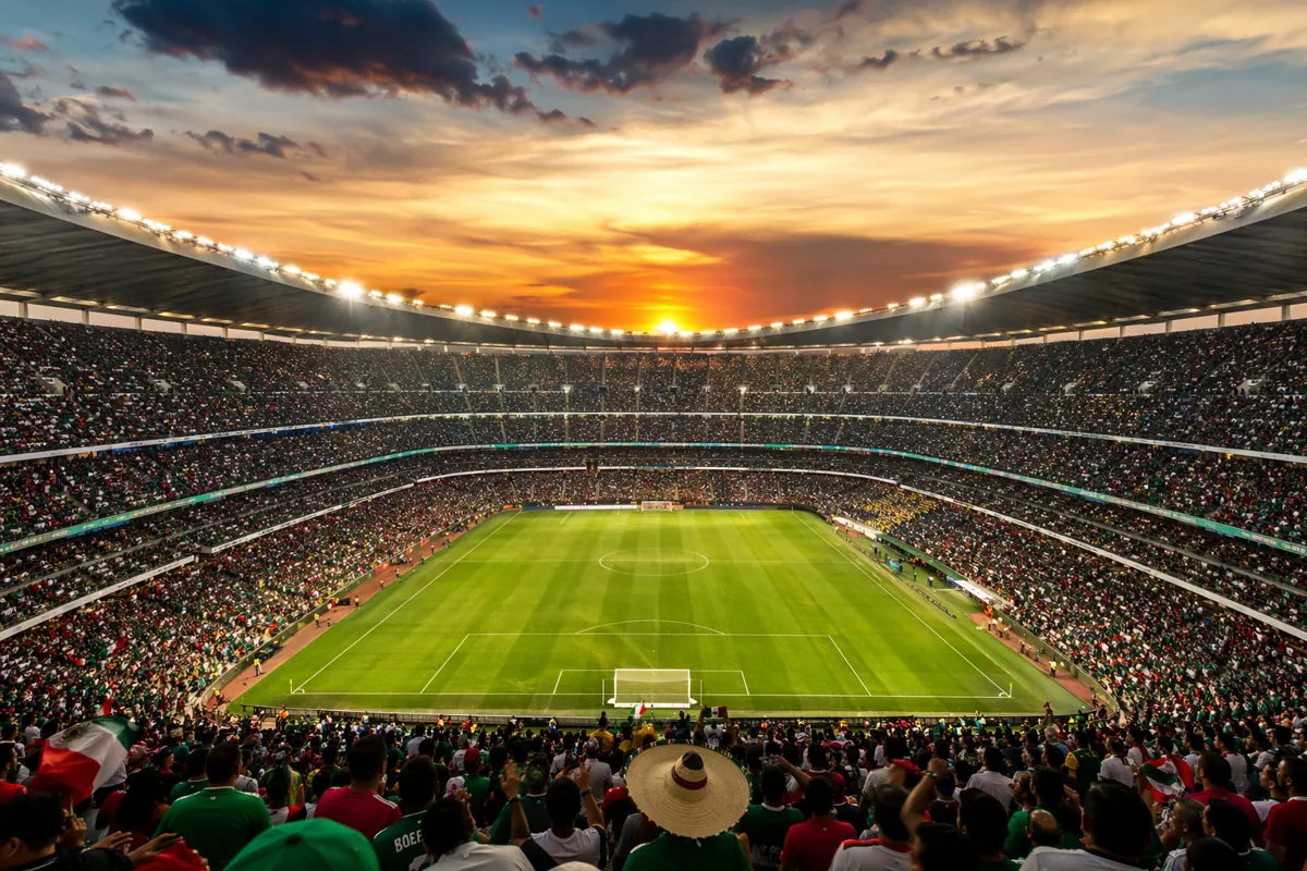 Wide shot of the iconic Azteca Stadium in Mexico City at golden hour, with empty green soc