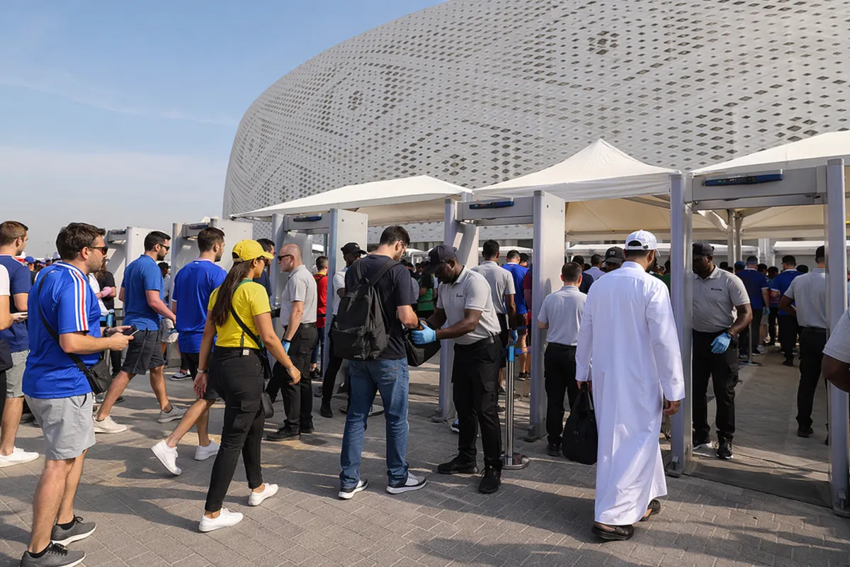Wide shot of a modern World Cup stadium entrance, security staff in neutral uniforms guidi
