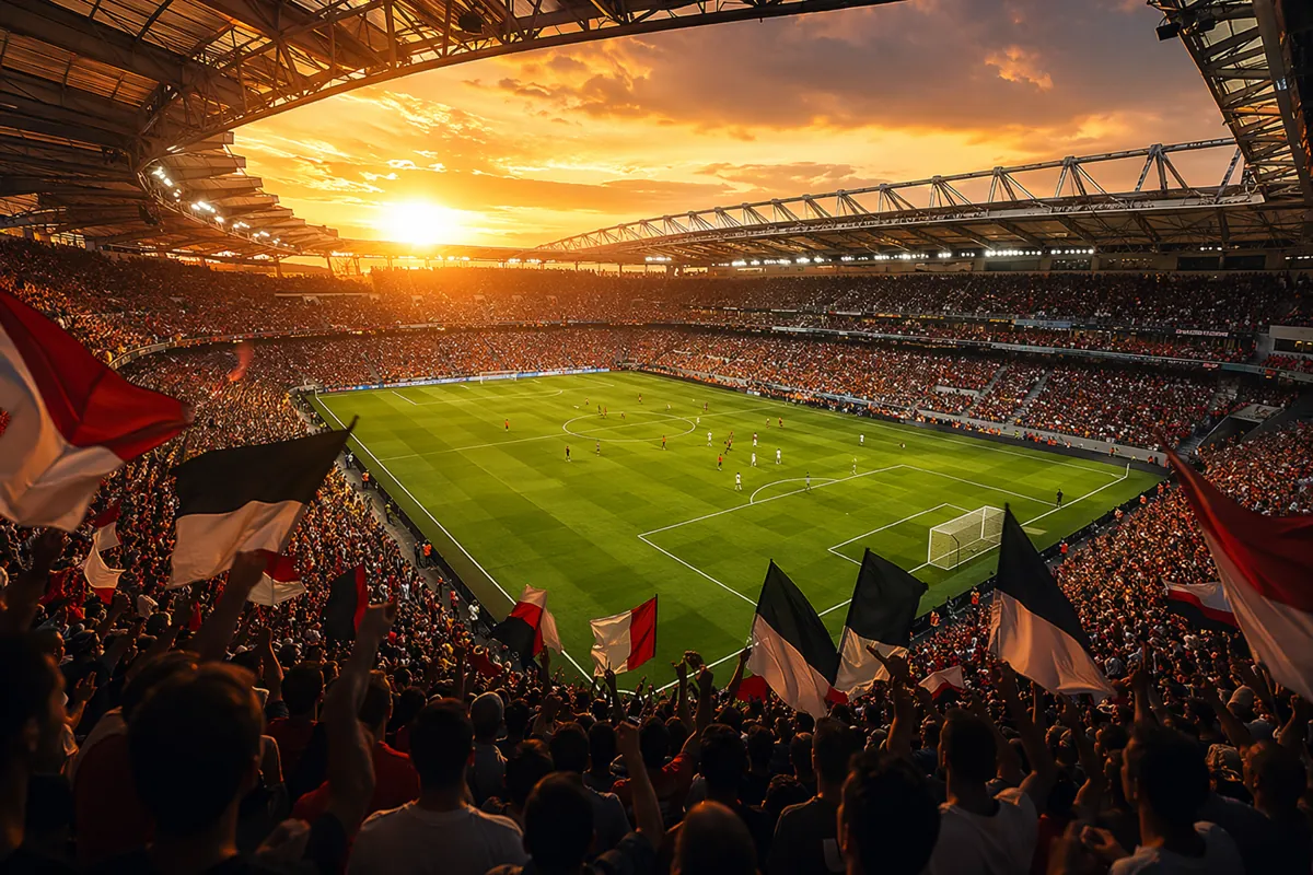 Wide shot of a packed modern football stadium at sunset, fans waving generic flags and che
