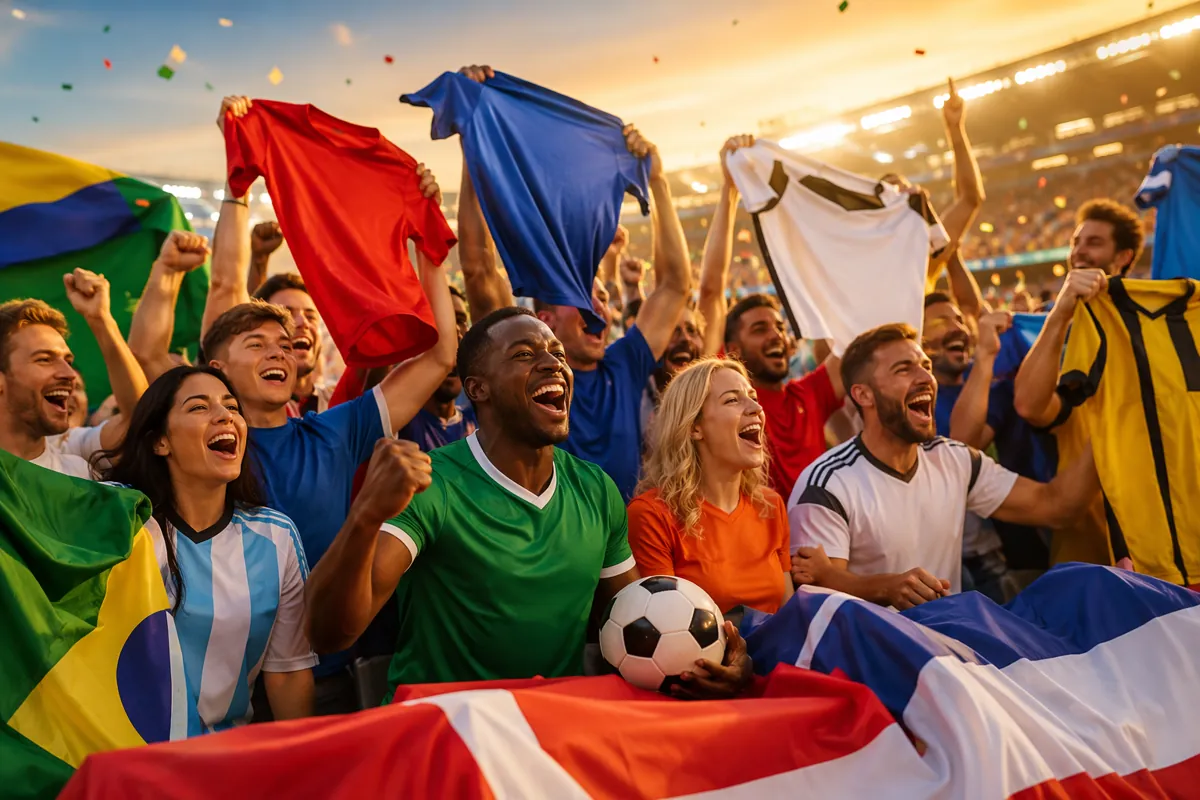 Wide shot of a vibrant World Cup viewing party with fans from different countries holding