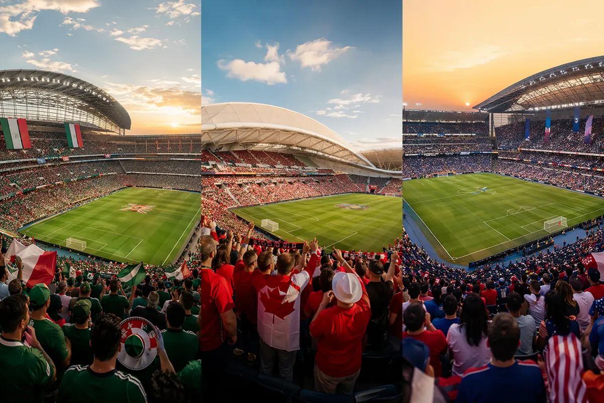 Wide shot of three distinct modern football stadiums representing Mexico, Canada and USA,