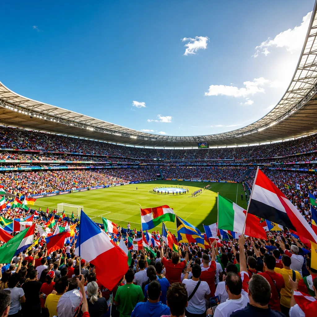 Wide shot of a football stadium filled with fans waving generic national flags,