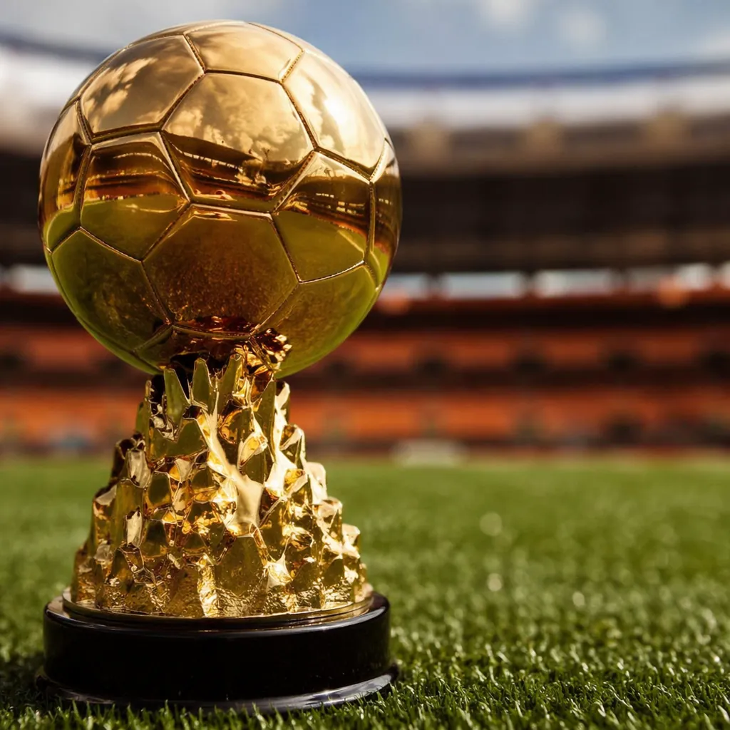 Close up shot of a golden football championship trophy placed on a green footbal
