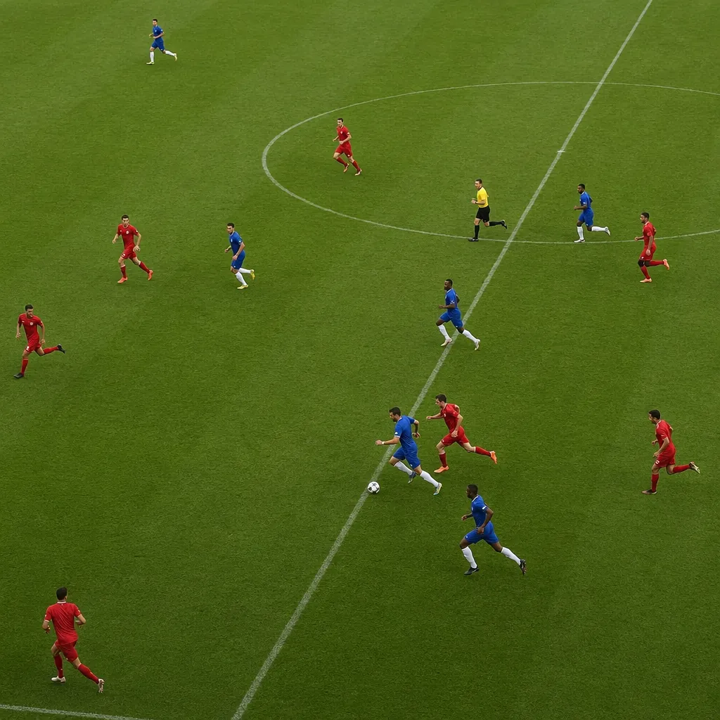 High angle shot of football players wearing generic plain national team jerseys