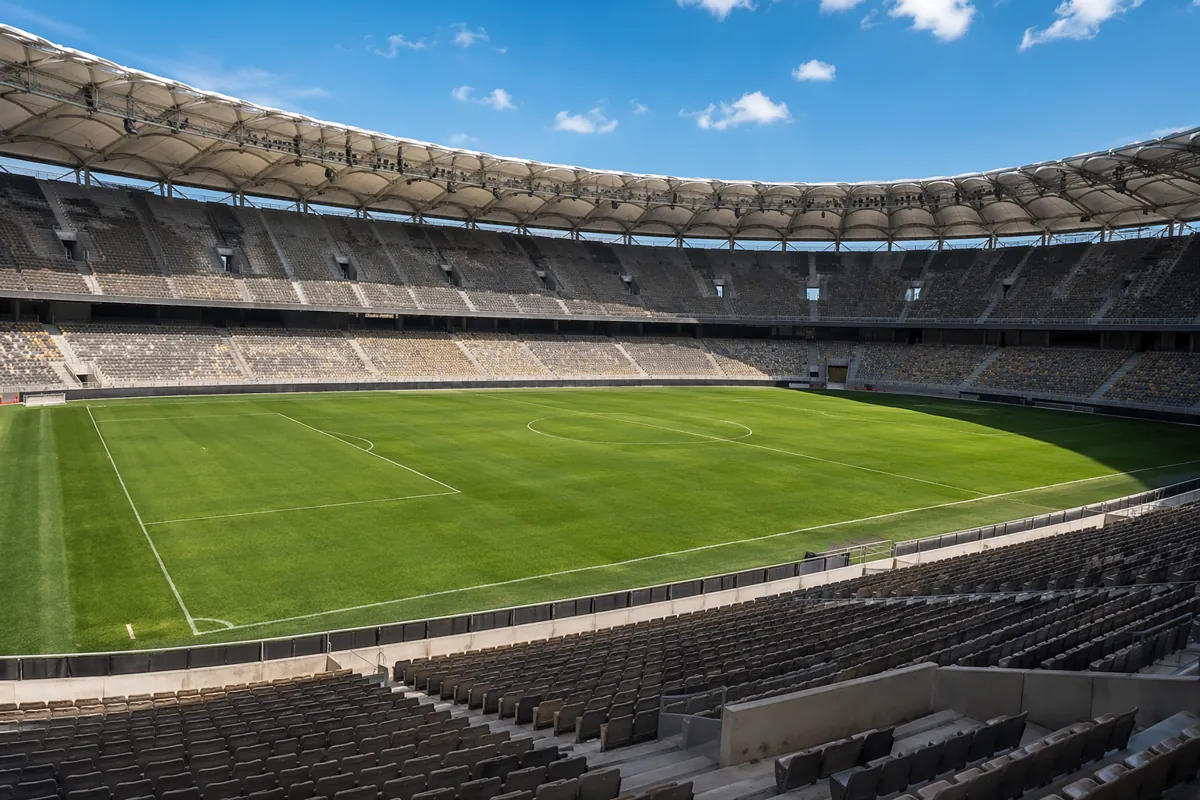 High resolution editorial news photo of a modern open-air football stadium in summer, brig