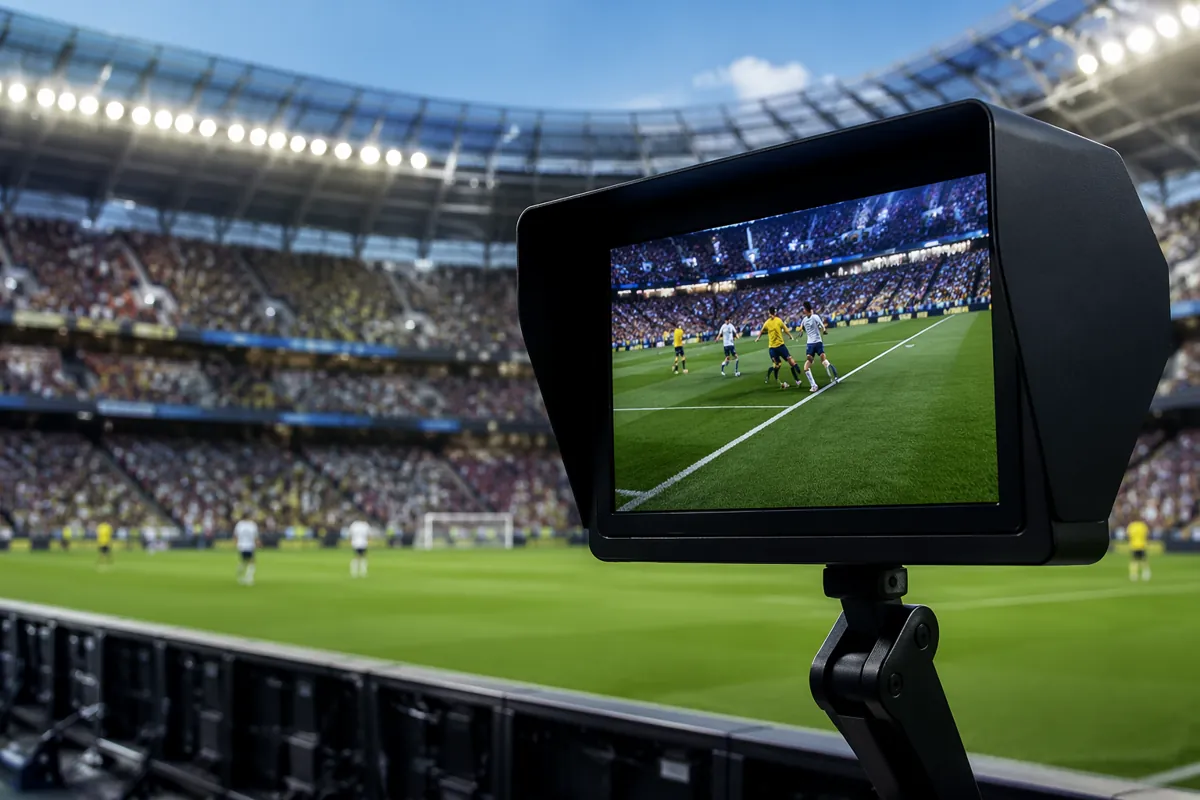 A professional sports news header image showing a VAR monitor on the side of a modern foot