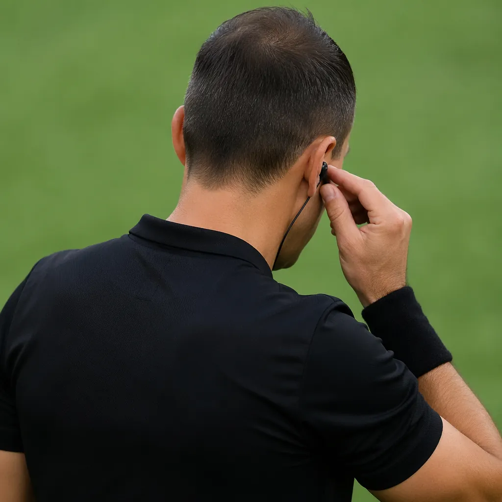 A close-up shot of a referee holding a communication earpiece, standing on a gre