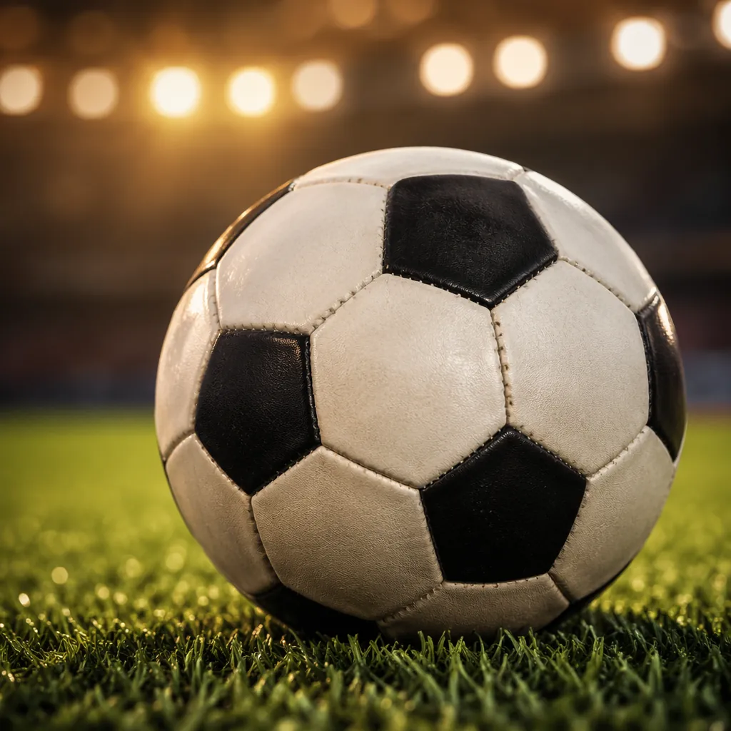 Close up shot of a generic black and white football placed on green grass, with