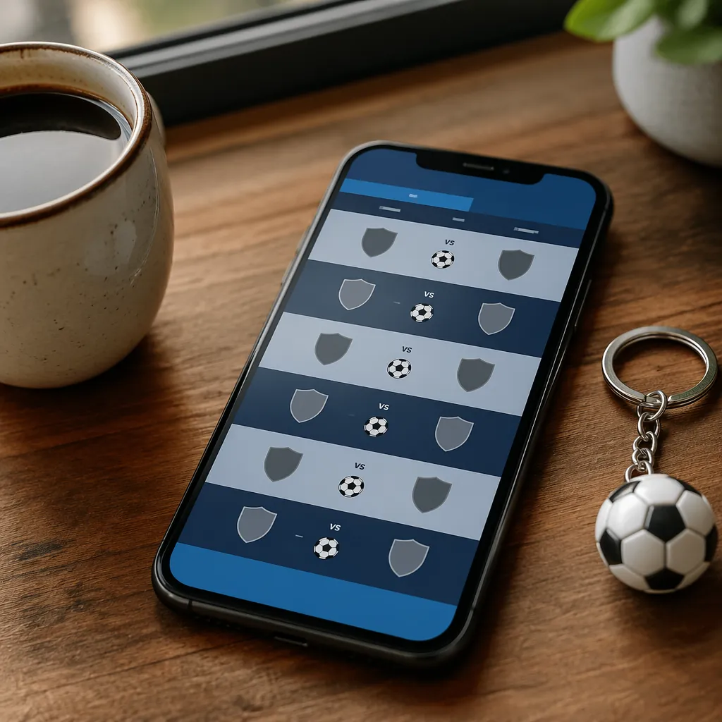 Close up of mobile phone showing generic football match schedule interface on wo