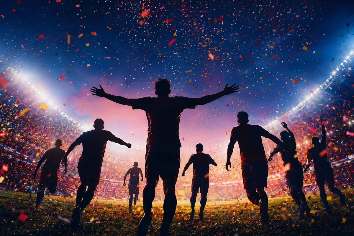 Editorial style header image of World Cup atmosphere, silhouettes of football players agai