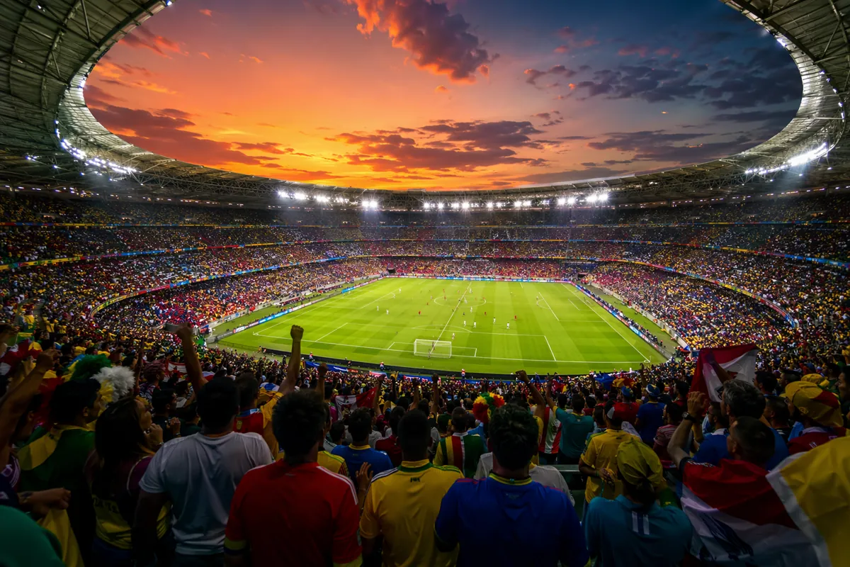 Panoramic shot of a packed World Cup football stadium at sunset, with bright floodlights i