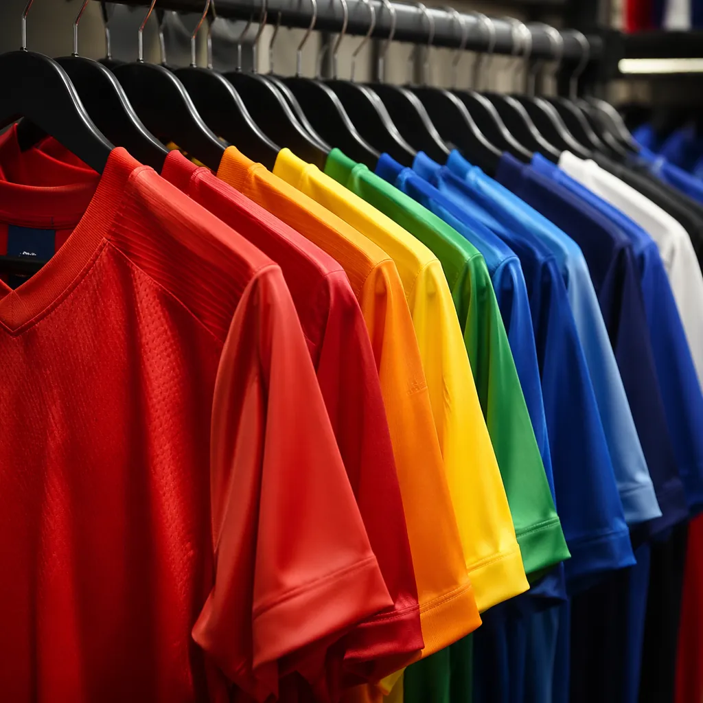 Close up shot of various plain football jerseys hanging on a rack in a sports me