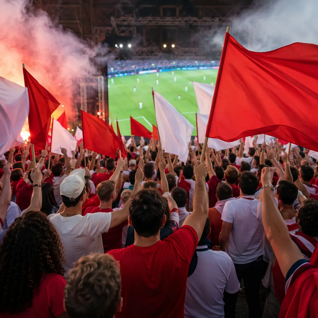 Wide shot of a group of fans gathering in a public viewing area to watch a footb
