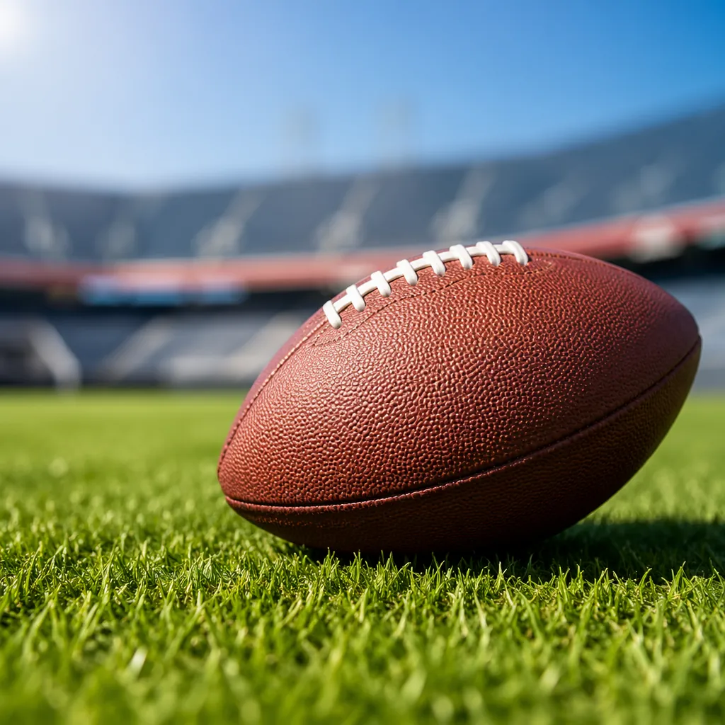 Close up of a generic football on a green pitch, blurred stadium stands in the b