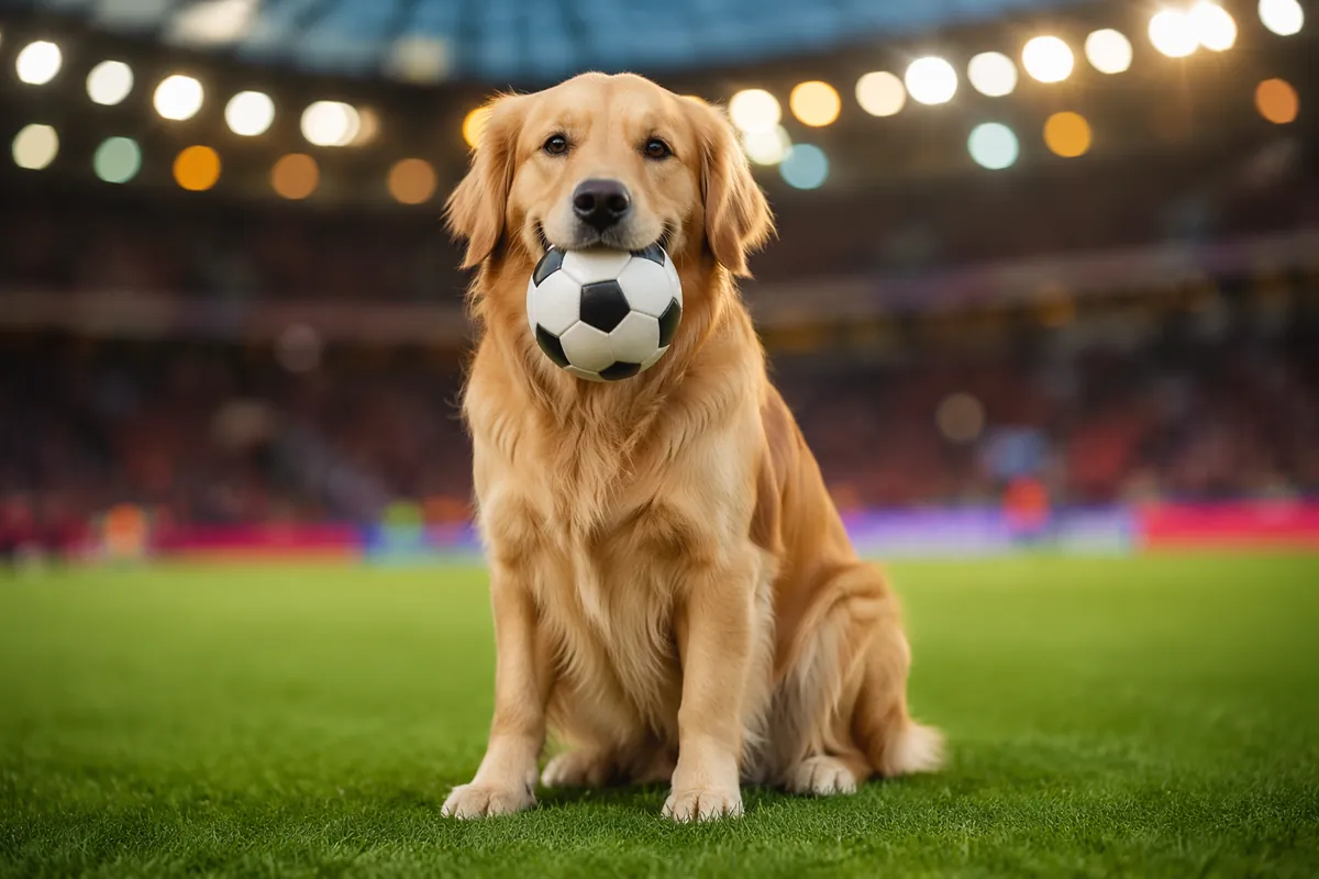 A cute golden retriever dog holding a small generic soccer ball in its mouth, sitting on a