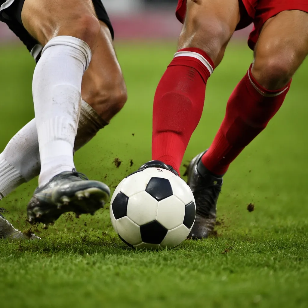 Close-up of football players' legs and feet competing for the ball on green gras