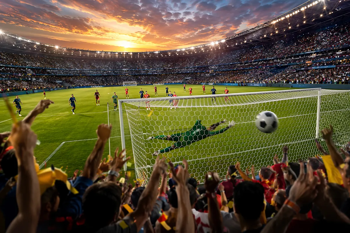 Wide shot of a packed world cup football stadium at sunset, fans cheering enthusiastically