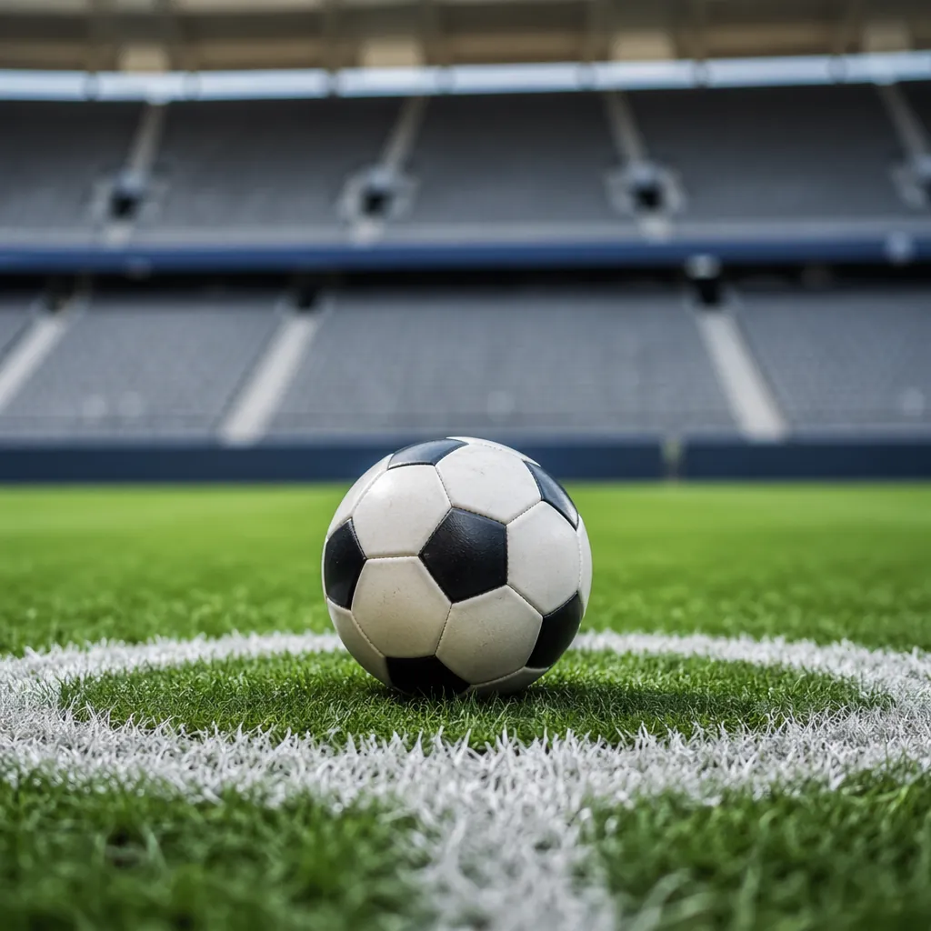 Close up shot of a football resting on the center spot of a professional footbal