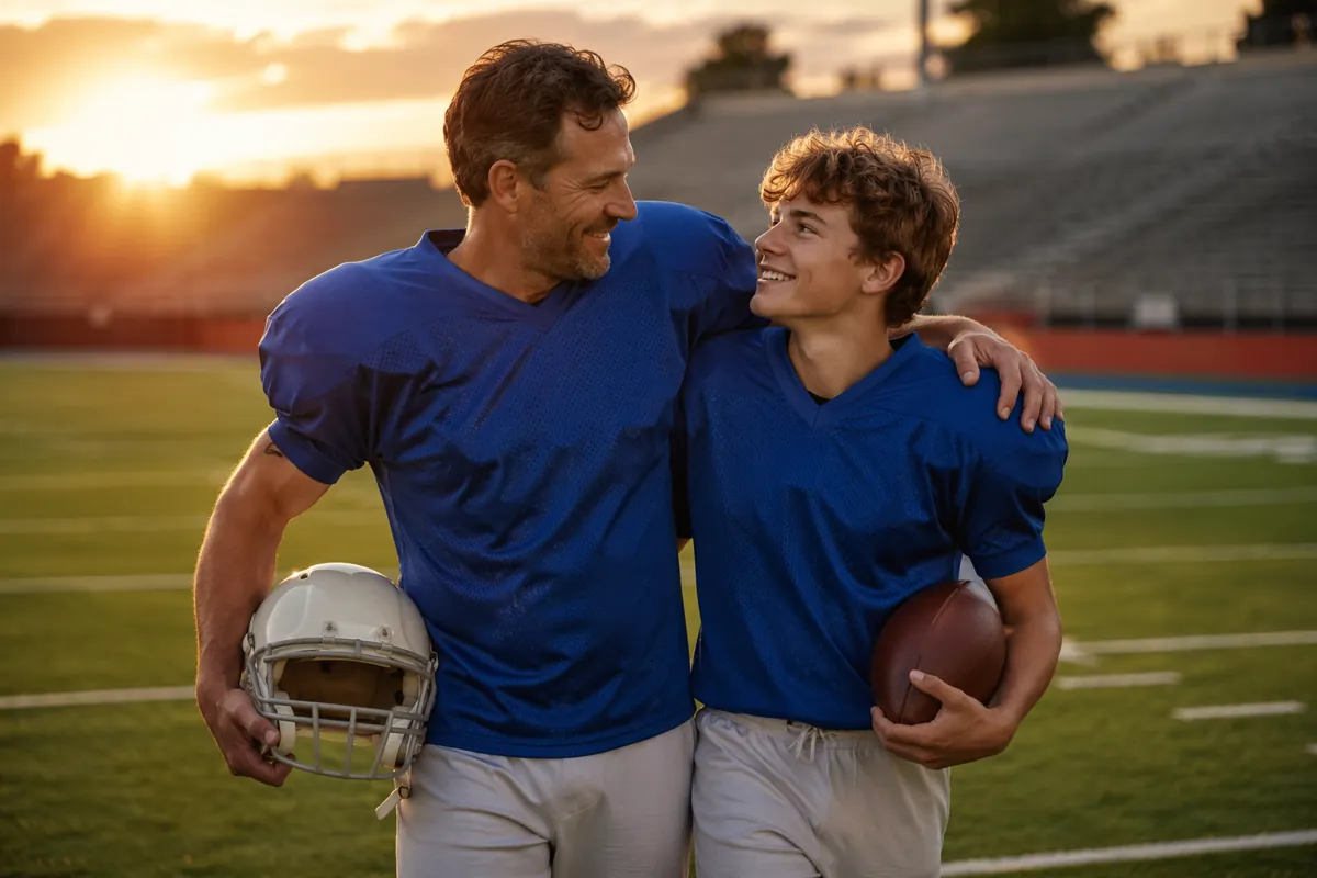 Wide shot of a generational football scene, a father and teenage son both wearing generic