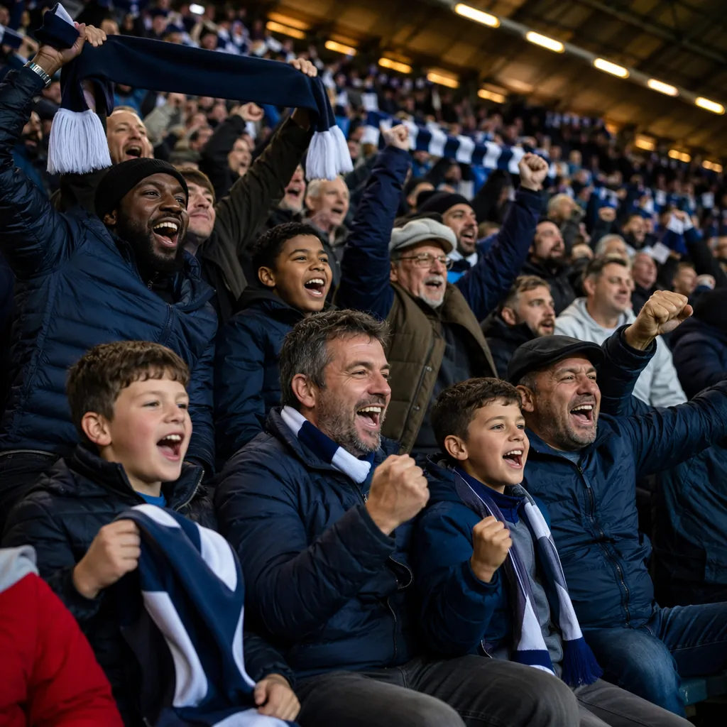 Wide shot of a diverse group of football fans of different ages, including multi