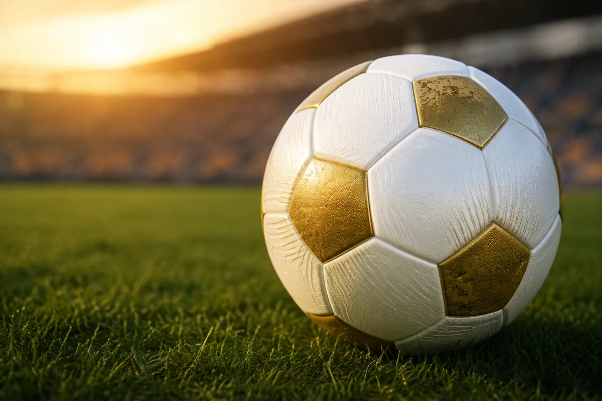 Close-up of a modern white and gold soccer match ball placed on green grass football field
