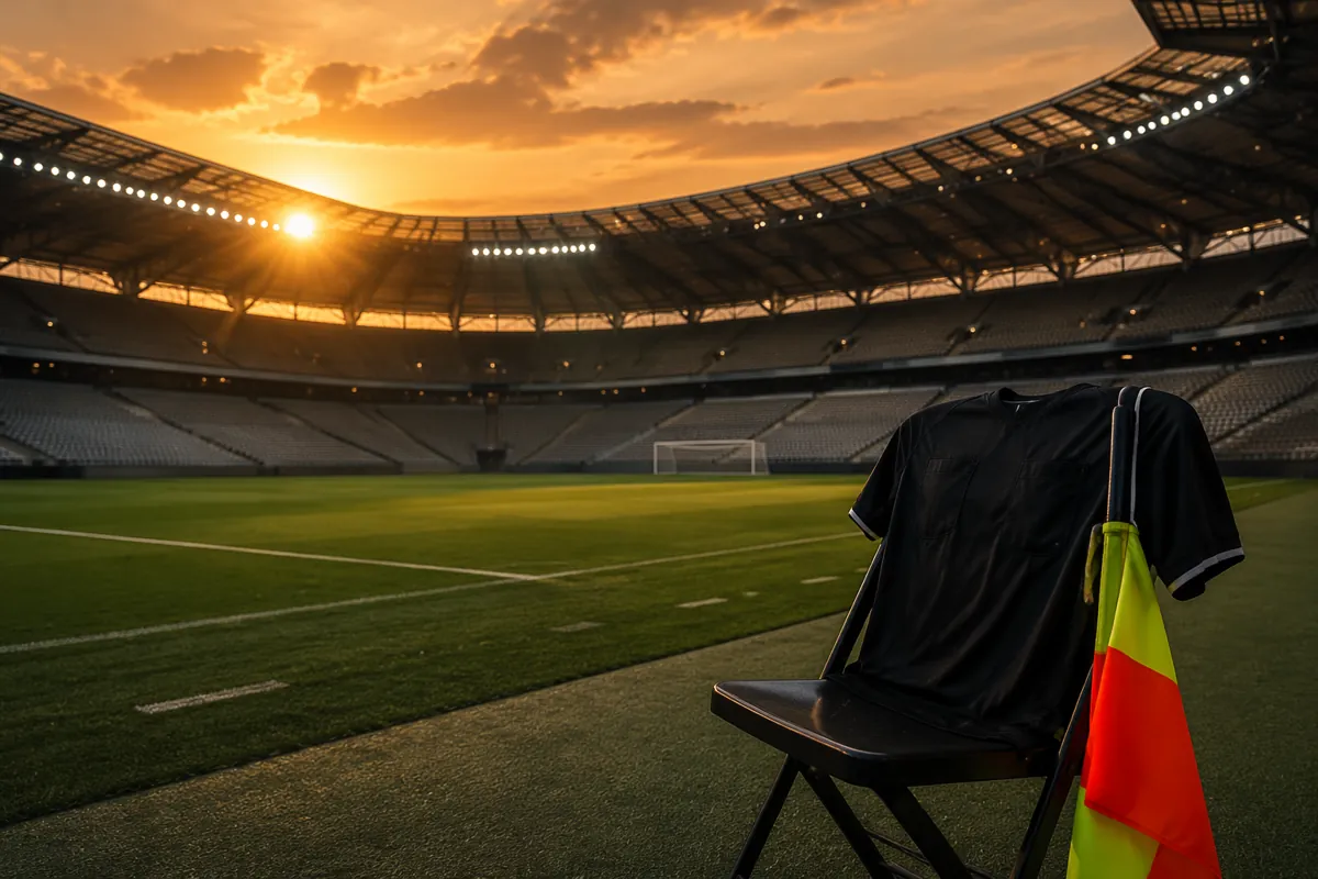 Professional sports news header image, empty world cup soccer stadium with sunset glow, re