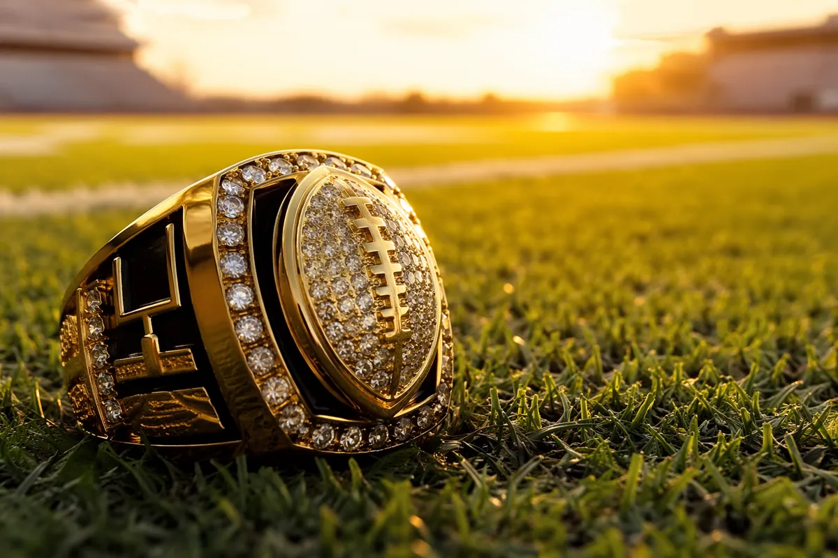 Close-up of a luxurious generic championship ring with football patterns, placed on green