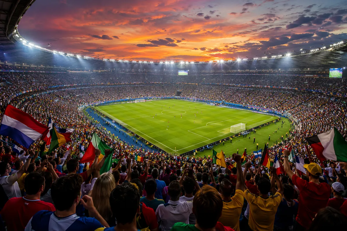 Wide shot of a packed FIFA World Cup stadium at dusk, bright stadium lights illuminating t