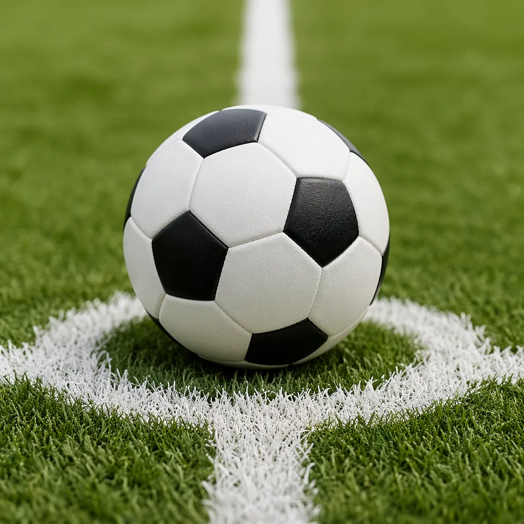 Close up of a standard football resting on the center spot of a well-maintained