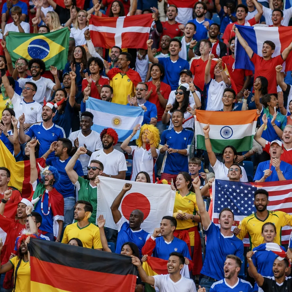 Wide shot of diverse fans wearing generic unbranded football jerseys celebrating
