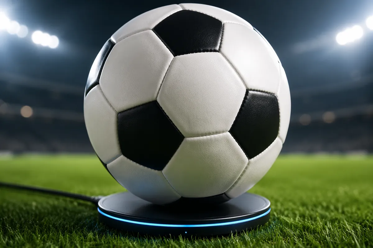 Close up shot of a generic professional soccer ball resting on a wireless charging pad on